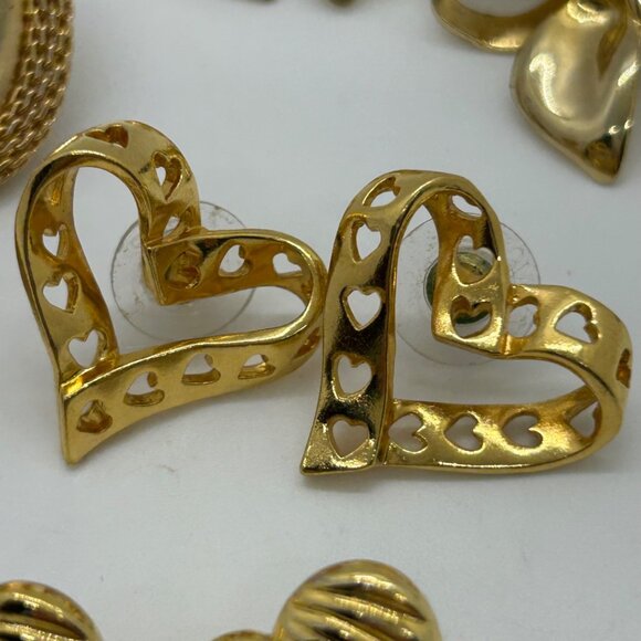 Vintage Gold-Tone Heart & Bow Pierced Earrings Set Statement Vintage - Picture 5 of 11